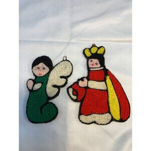 2 PC Vtg 1980s Huichol Mexico Yarn Ornaments Christmas Angel Queen